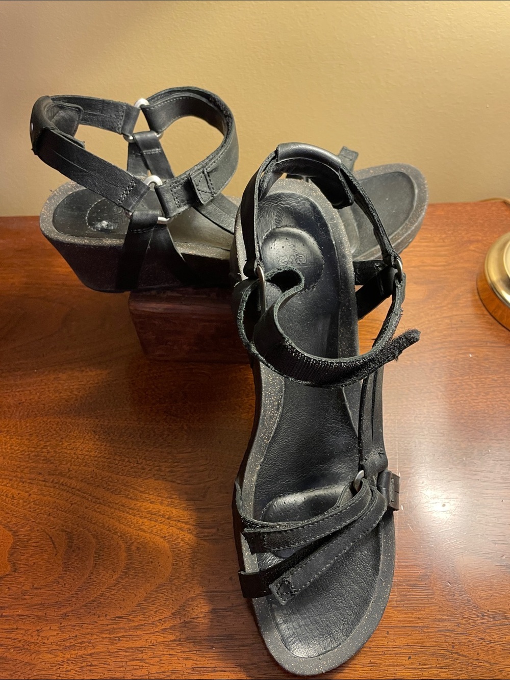 Teva Black Women's Ysidro Universal Leather Strappy Wedge Sandals